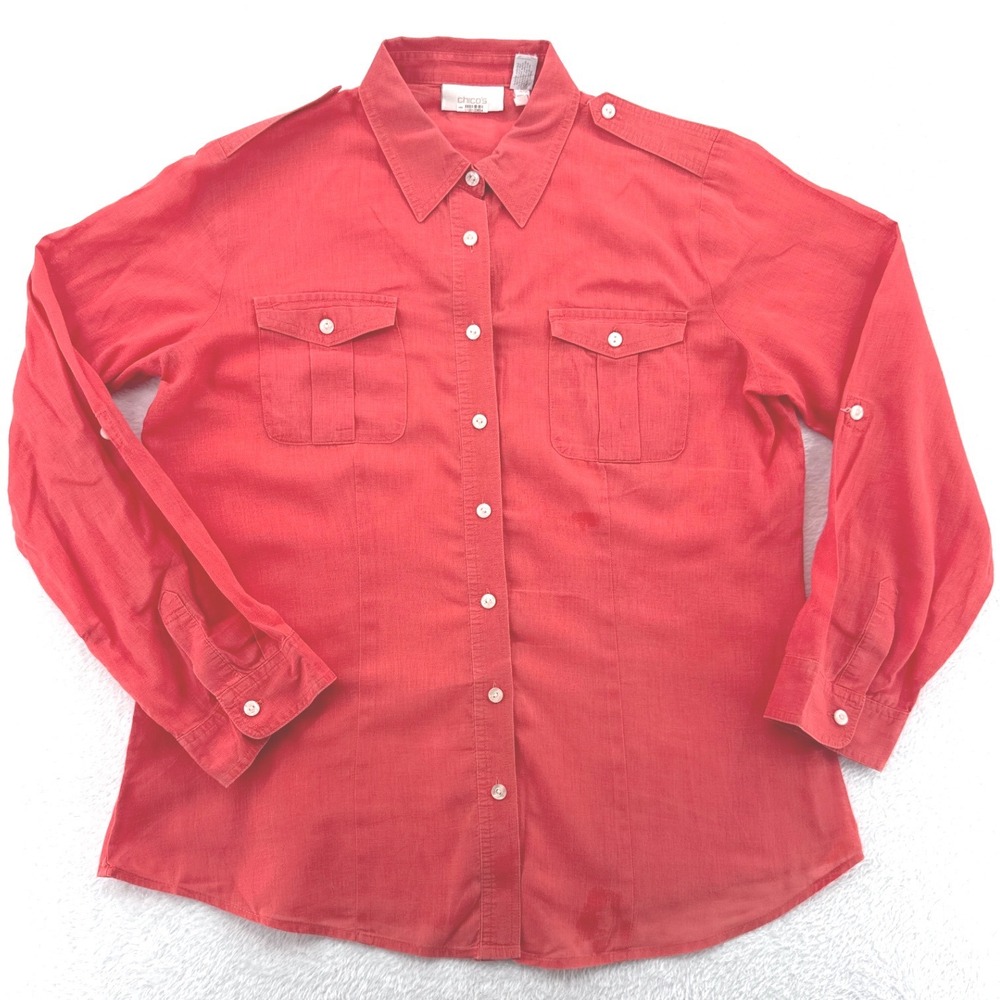 Chico's Coral Button Down Shirt Sz 1 Linen Blend Top Utility Roll Sleeve Coastal